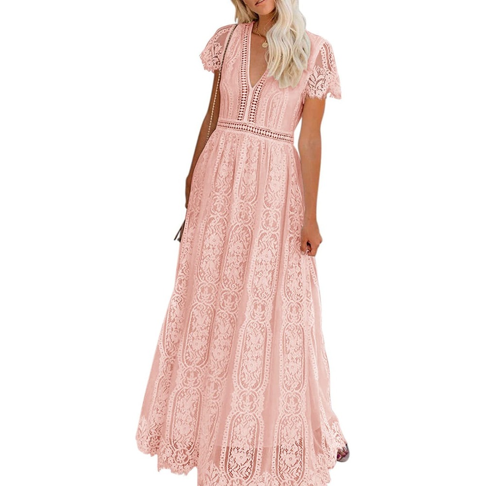 Aakaa Peach Floral Lace Maxi Dress V-Neck Crochet Trim Short Sleeve DA23811AV M